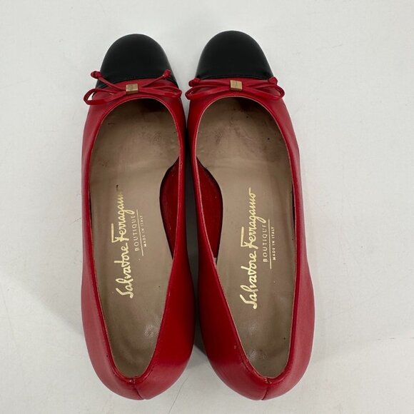 Salvatore Ferragamo Red Leather Cap Toe Bow Block Heel Vintage 6.5 Heel Shoes - Picture 4 of 9